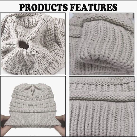 Ponytail Beanie Hat Warm Knit Winter Hat for Messy Bun Ponytail - Picture 3 of 7